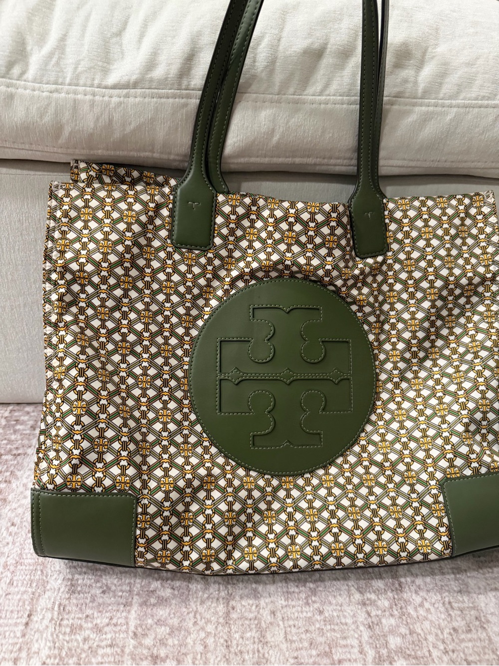 Tory Burch Olive Green Logo Patterned Canvas Tote